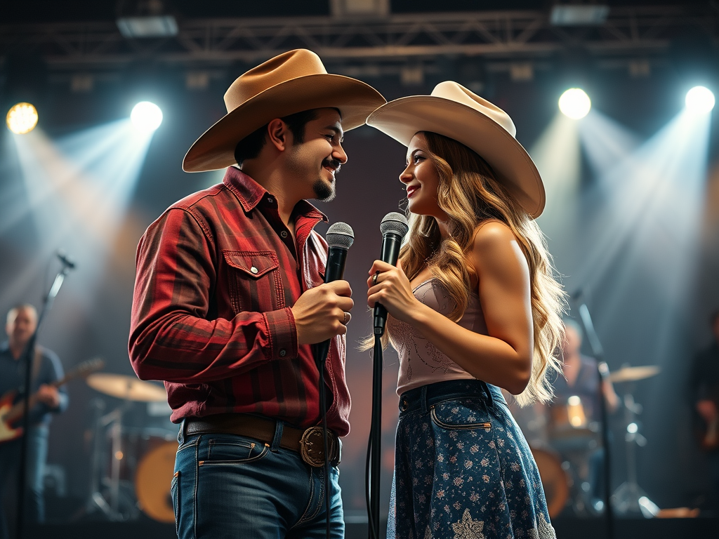 Who I Am© “Who I Am©” is not just a love song. (Wide 3D view) It’s a revelation. In this tender, heartfelt duet, a woman looks at her partner and feels a truth she doesn’t have to speak “When he touches me, I’m not afraid.” His love is her safe place, and her strength. Cowboy and cowgirl with microphones in their hands, singing a duet on stage with a band behind them, and a spotlight on them. Hold the hand of the one who holds your heart. This is… Who I Am©.